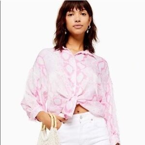 🦋 Topshop Pink Snakeskin Button Down Long Sleeve Blouse Size 4 Barbie